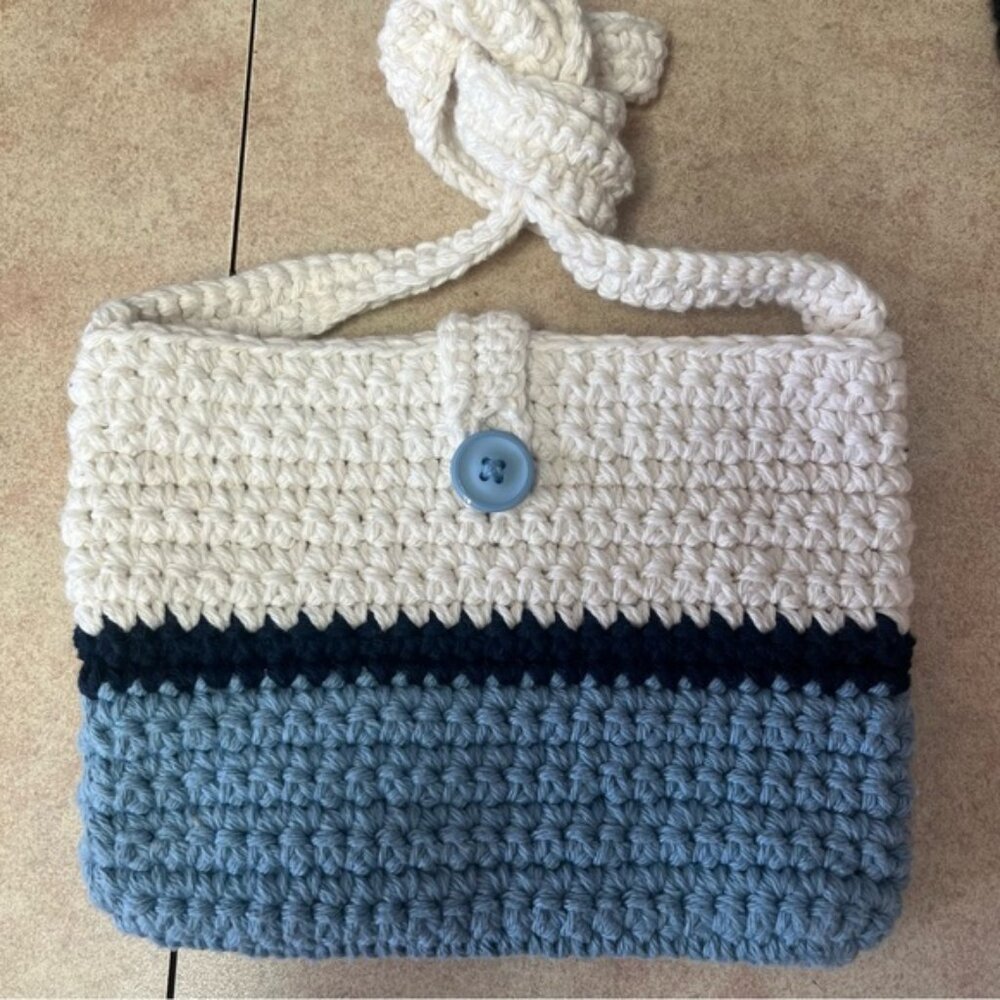 New Handcrafted Crochet Blues & Ivory Crossbody Shoulder Tote Bag